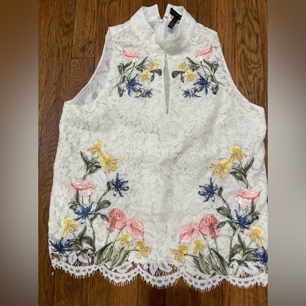 White House Black Market White Lace Halter Top with Floral Embroidery
